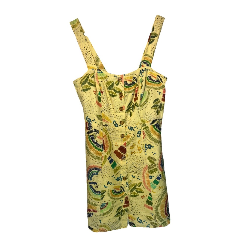 Farm Rio Yellow Tropical Birds 100% Linen Lined Mini Dress Size Medium